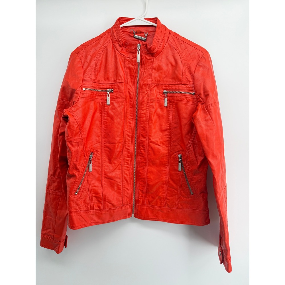 Y2K Joujou Womens Orange Faux Leather Moto Biker Jacket Quilted Zip Up Large